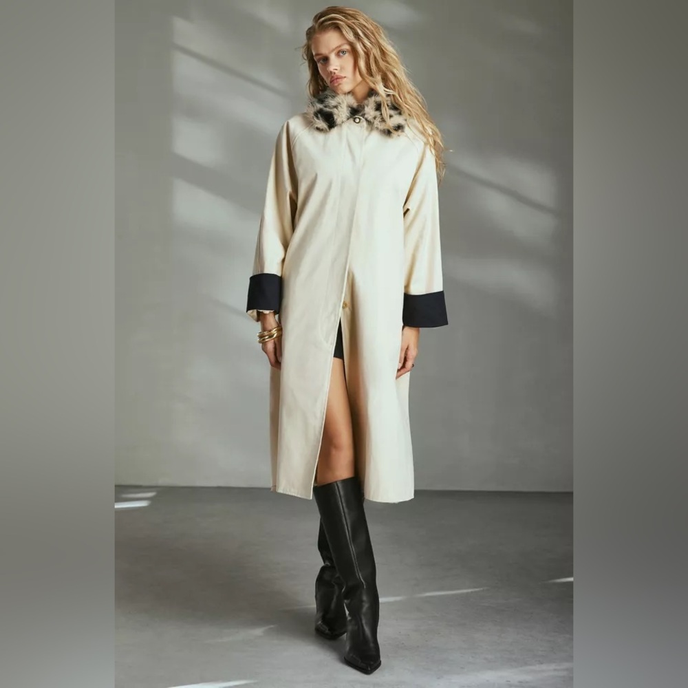 Chic Beige Trench Coat with Faux Fur Collar